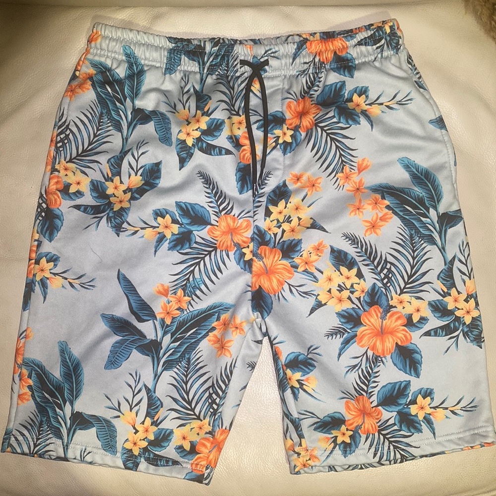 Orange hibiscus flower Hawaiian print board style sweat shorts